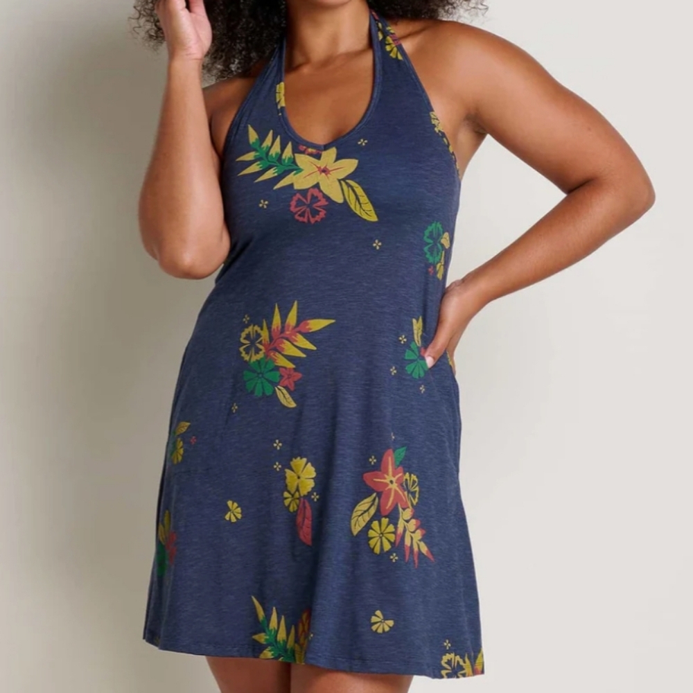 Toad & Co Plumeria Halter Dress Stretchy Pockets Above Knee Built In Bra Large